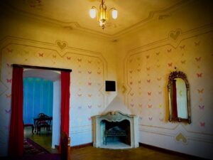 Crispin Glover Instagram - Inside the room with newly restored frescoes taken from a different angle to the previous photo. The fireplace was made in a baroque style and this room adjoins a separate room that also has  newly restored frescoes. Zamek Konarovice, Czech Republic