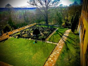 Crispin Glover Instagram - Two peacocks display while one peacock and at least eight peahens do other things in the parterre at Zamek Konarovice Czech Republic