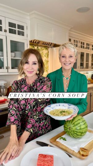 Cristina Ferrare Instagram - The yummiest Corn Soup from @cristinacooks 🌽 so delicious and comes together in a flash. Sadly we did an Instagram live today and it was so much fun and then it disappeared into the Instagram ether 🫣can’t find it, can’t post it, so bummed about that…let us know if you’d like us to do another live some time-or if you prefer the reels.
-
CORN SOUP:
INGREDIENTS
5 ears of fresh corn in the husks
3 Tablespoons extra-virgin olive oil 
2-medium leeks
8 scallions, set aside 3 scallions
2 Tablespoons dry Sherry
1 quart of organic vegetable broth
1-1/2 cups organic coconut cream
1 teaspoon kosher salt and cracked pepper
INGREDIENTS FOR THE GARNISH
1 small jalapeno, sliced thin
Sliced scallions 
Red pepper chili flakes
Extra virgin olive oil 
Balsamic glaze (available at food markets and Amazon)
finely chopped basil, Italian parsley and chives
DIRECTIONS
Heat a medium size stockpot over medium high heat for 30 seconds.
Add olive oil, leeks, and cut up scallions. Sauté for five minutes. 
Add the sherry, remaining corn kernels, salt, pepper and mix well.  
Add the vegetable stock, coconut cream, stir. Now add those three corn cobs you set aside. Cover with lid and bring to a boil, lower heat and simmer 30 minutes.
Remove corn cobs. 
Pour the soup into a blender and blend for one minute until smooth and creamy.
Add the 1-1/2 cups of the fresh corn kernels...serve hot or cold top with garnishes. 
#cornsoup #soup #freshcorn #foodreels #cristinacooks #lisabreckenridge #happilylisa #homecooking