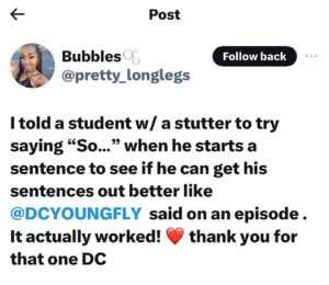 D.C. Young Fly Instagram - People think i be lyin…. I use to stutter so bad that shit use to hurt to talk🤦🏾‍♂️… i dont kno where SO came from but wen it helped me say my sentences all the way before u kno it i wasnt stutterin no mo!!!!!! TRUST ME USE THE SO METHOD !!!! It WORKS