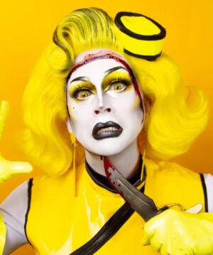 Daniel Wallace Instagram - Trash Can Kids
ANNA BANANA 🍌 
Top banana?More of a bottom girl actually.tehe
So stuff went wrong..who knew after 4 goes down the runway my cream would melt,my banana would go squishy and my face would fall off?!I certainly didn't..but we move...we grow we live to fight another day!
Also I look pretty fabulous in all this yellow 💛
Stream the Boulet Brothers’ Dragula Season 5 on Shudder and AMC+! New episodes every Tuesday.”
@bouletbrothersdragula @bouletbrothers @shudder @amcplus
Muscle prosthetic by @ceridwen__xo 💛
Face prosthetic by me (with help from @florencias_wigs 🖤
Wig by @florencias_wigs 💛
Dress by @liquorice_black 🖤
Earrings and name badge by @shopfairlyodd 💛
Picture by @faketrashstudio 🖤