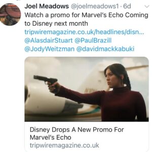 David Mack Instagram - I love that MARVEL is using the sign language of her name ECHO the way i did in the comics. 
Thanks for supporting my work! 
& for the great response to ECHO! 

My creation of ECHO on Disney+ Jan9

Maya Lopez AKA Echo, Played by the spectacular @alaquacox !  @vincentdonofrio & #CharlieCox also return as #WilsonFisk & #Daredevil & are legendary!  It's so great to see these 3 characters in the same story on the screen as I wrote them all in my first Daredevil story together.

It's incredibly moving to see the care & effort & thought put into this. To see what it is becoming after all these years.
A big thanks to all involved.

Video of my work 
here: https://vimeo.com/871158301
 (Link in BIO)

You can find new art & prints of my work available at @KirbysComicArt
LINK in BIO

With some new things timed for ECHO release early next week!