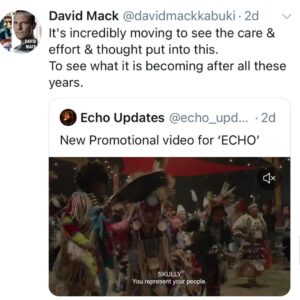 David Mack Instagram - I love that MARVEL is using the sign language of her name ECHO the way i did in the comics. 
Thanks for supporting my work! 
& for the great response to ECHO! 

My creation of ECHO on Disney+ Jan9

Maya Lopez AKA Echo, Played by the spectacular @alaquacox !  @vincentdonofrio & #CharlieCox also return as #WilsonFisk & #Daredevil & are legendary!  It's so great to see these 3 characters in the same story on the screen as I wrote them all in my first Daredevil story together.

It's incredibly moving to see the care & effort & thought put into this. To see what it is becoming after all these years.
A big thanks to all involved.

Video of my work 
here: https://vimeo.com/871158301
 (Link in BIO)

You can find new art & prints of my work available at @KirbysComicArt
LINK in BIO

With some new things timed for ECHO release early next week!