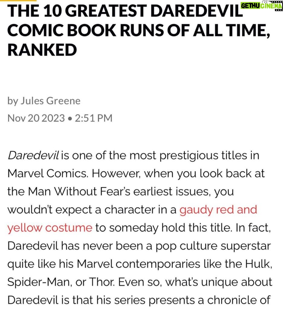 David Mack Instagram - #1 Of GREATEST DAREDEVIL RUNS of ALL TIME?! Did I somehow appear in the #1 spot? With @BrianMBendis? Crazy. But big props to my dear friend Brian Bendis for us being able to collaborate on a story that is worthy of our friendship. & Props to my favorite runs of @frankmillerofficial / @kjansonnyc & Miller/Mazzuchelli. & Thanks to Quesada & Palmiotti for their work & for hiring me to write Daredevil. Please make sure to order THE MARVEL ART OF DAVID MACK @clover_press for a collection of my #Daredevil covers & interior work & more! The 10 Greatest Daredevil Comic Book Runs of All Time, Ranked I'm a guest at @fanexposf San Francisco #Thanksgiving weekend! #SanFrancisco Fri-Sun #MusconeCenter Nov. 24-26 *Signing in JAPAN Dec at @BraveAndBold & @TokyoComicCon *Signing in #Hawaii Jan 6 & 7 at @HawaiiPopCon I will have a LIMITED amount of books at my table! & Prints & ORIGINAL ART! PRINTS! #princessmononoke 🤩 & Original Art at @KirbysComicArt (LINK in my BIO!) Thank you so much for the #Birthday wishes! & kind & thoughtful messages! If you haven't heard, the character ECHO I created when I was writing #Daredevil, has her own show! Played by #AlaquaCox @AlaquaCox with #Vincentdonofrio @VincentDonofrio My creation of MARVEL Studios #ECHO JANUARY on Disney+ Thanks all of you who have supported my books & work over the years! Thanks for the AMAZING orders on THE MARVEL ART OF DAVID MACK book! 200 + pages of my art at MARVEL! Include ECHO, Daredevil, my art on the Winter Soldier Film Titles, Jessica Jones opening titles & more! Can still order it at LINK in my BIO @clover_press Can you believe it's 25 years since I first created ECHO on my first work at MARVEL as WRITER for #Daredevil? And 30 years since my first KABUKI story! (Which is what got me the offer to start writing Daredevil at Marvel. All my KABUKI books at @DarkHorseComics. Including our creator-owned series called COVER with @brianmbendis , inspired by my overseas work for the US State Dept. Updates on KABUKI soon! My ART & PRINTS @KirbysComicArt LINK in my BIO
