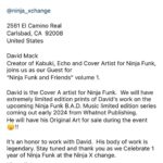 David Mack Instagram – New @ninjafunk “DD-Echo Homage” cover revealed as PRINT at @Ninja_Xchange SIGNING!
With David Mack @jimlee @JohnDolmayan @whatnotcomics @thatspidermanbooth @lazerwolfsteve 

“They asked me to make the new NINJA FUNK cover an homage to my #Daredevil #9 first #Echo cover”
(It’s the reveal of the new character “Kairi Wolf” modeled by @comickairi ) 

Available as a print ONLY at the Signing here:

November 18-19th
12pm

@ninja_xchange  near #SanDiego / LA

2561 El Camino Real
Carlsbad, CA  92008
United States

David Mack
Creator of Kabuki, Echo and Cover Artist for Ninja Funk, joins us as our Guest for 
“Ninja Funk and Friends” volume 1.

David is the Cover A artist for Ninja Funk.  We will have extremely limited edition prints of David’s work on the upcoming Ninja Funk B.A.D. Music limited edition series coming out early 2024 from Whatnot Publishing. 
He will have his Original Art for sale during the event 😮!! 

It’s an honor to work with David.  His body of work is legendary. Stay tuned and thank you as we Celebrate 1 year of Ninja Funk at the Ninja X change.

“1 Year of my covers with #NinjaFunk with many  more covers to reveal!
& More CATS! “