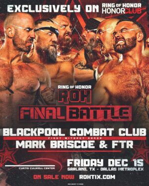 David Michael Harwood Instagram - Next Friday, 12/15
#ROHFinalBattle Dallas Metroplex
7pm ET/6pm CT WatchROH.com
#BCC's @claudiocsro + @bryanldanielson + @jonmoxley
 vs 
@m.briscoesr + #FTR's @daxharwood + @cashwheelerftr 

Next Friday at Final Battle, six of the world's best wrestlers will fight to honor Jay Briscoe!