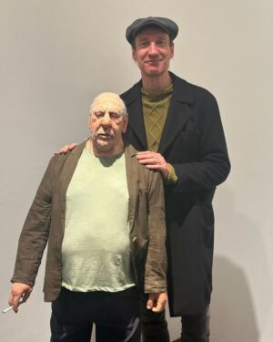 David Thewlis Instagram - Hermine and I hanging out with strange unfriendly looking little bloke sculpted by dear old bearded painter pal @stuartpearsonwright at his new show at @flowersgallery Yes that’s right he’s some sort of genius and it’s enough to make you sick with envy. I can draw quite a decent fish but not without sticking my tongue out and breathing through my nose. Even then then I’ve never been asked to exhibit any of my fish. 

The exhibition is on till November 25th. Go and have your picture taken with a strange unfriendly looking little bloke. He won’t mind. 

📸 @lorna_may_ (check her out too!)