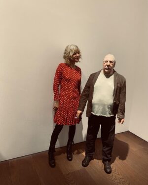 David Thewlis Instagram - Hermine and I hanging out with strange unfriendly looking little bloke sculpted by dear old bearded painter pal @stuartpearsonwright at his new show at @flowersgallery Yes that’s right he’s some sort of genius and it’s enough to make you sick with envy. I can draw quite a decent fish but not without sticking my tongue out and breathing through my nose. Even then then I’ve never been asked to exhibit any of my fish. 

The exhibition is on till November 25th. Go and have your picture taken with a strange unfriendly looking little bloke. He won’t mind. 

📸 @lorna_may_ (check her out too!)