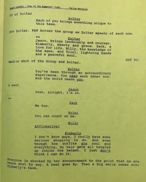 David Yost Instagram - DAY 7 - 12 DAYS OF HOLIDAY GIVING GIVEAWAY Question: At the end of the Original Un-Aired pilot, ZOLTAR gives a pep talk to the team & they all commit to becoming a Power Ranger…what is the word Billy uses to commit? (Answer is on the second photo…the word is underlined in the script) #affirmative #affirmyourself #powerrangers #blueranger #12daysofholidaygivinggiveaway