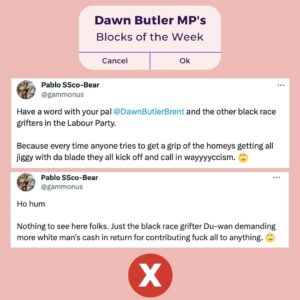 Dawn Butler Instagram - This weeks Block of the Week, comes from a serial online abuser.

I've decided to highlight this racist, who continues to spread their lies on my timeline.

Time to cleanse my mentions of idiots❌ #ButlerBlocks