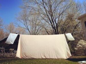 Debra Winger Instagram - Springing.  This is how to find Joy in 'dirty laundry'! Disappointment is absurd in spring.  No place for it to thrive...
Bought this linen in Paris while making #patriotamazon with a great cast and crew and the brill #stevenconrad . Today my wish is for peace where there are no clotheslines possible.