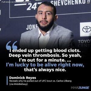 Dominick Reyes Instagram - Hey everyone, if you want to know what’s been going on with me check out the interview with @lynchonsports and @middleeasy. Thank you everyone for the support and prayers. I’m ok, taking it day by day. 🙏🏽

Big huge thanks to @vivalifehealingcenters /Dr.Chiriano and @taylorrpricee for helping me identify the clot and getting me treated stat.

@mmajunkie