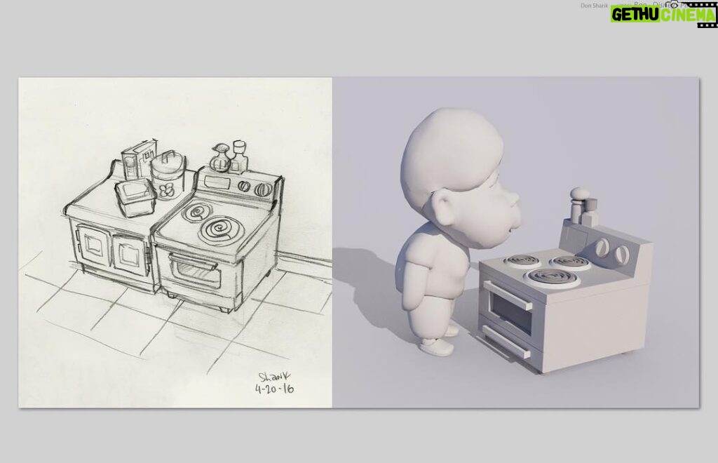 Don Shank Instagram - I was lucky enough to design the sets on the short Bao by @domeeshi which is on the shortlist this year for the Academy Awards! Here's some drawings of the Kitchen and food related items. After the drawings I made a simple 3D model to work out the proportions as they related to the character model and that became a basic guide for the set modeler as he worked to capture the feel of the drawings. #bao #baoshortfilm #pixar Pixar Animation Studios