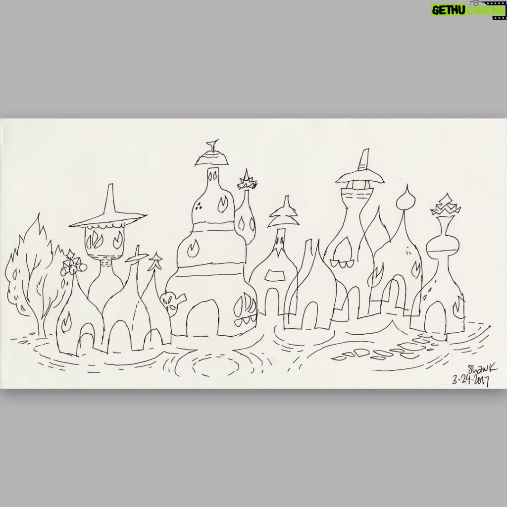 Don Shank Instagram - One of my earliest drawings, a lineup of Fireland homes that was the culmination of a series of sketches that followed how fire characters would build shelter. I started with a “cave-fire-person” and worked up to this. The director @petesohn18 really liked this take and in the end we used one of these as our house for Bernie and Cinder in Fireland. #elemental #pixar #pixarelemental #pixarelementalmovie #animation Pixar