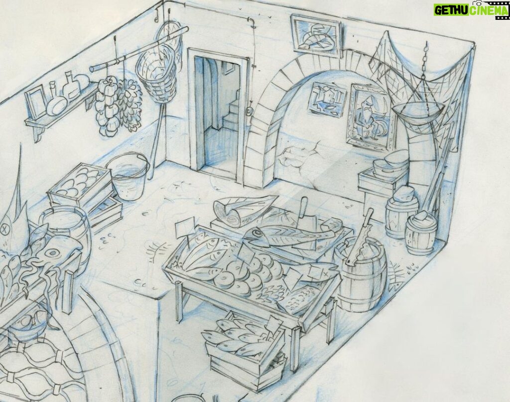 Don Shank Instagram - Pescheria Marcovaldo. This one is a heartbreaker. There was a long period of time where scenes took place in here. But in the final movie the doors aren't even open. This is one of my favorite drawings from my time on Luca but it wasn't meant to be. #luca #pixarluca #pixar #pencilonpaper #setdesign #deadfish #happydeadfish Pixar