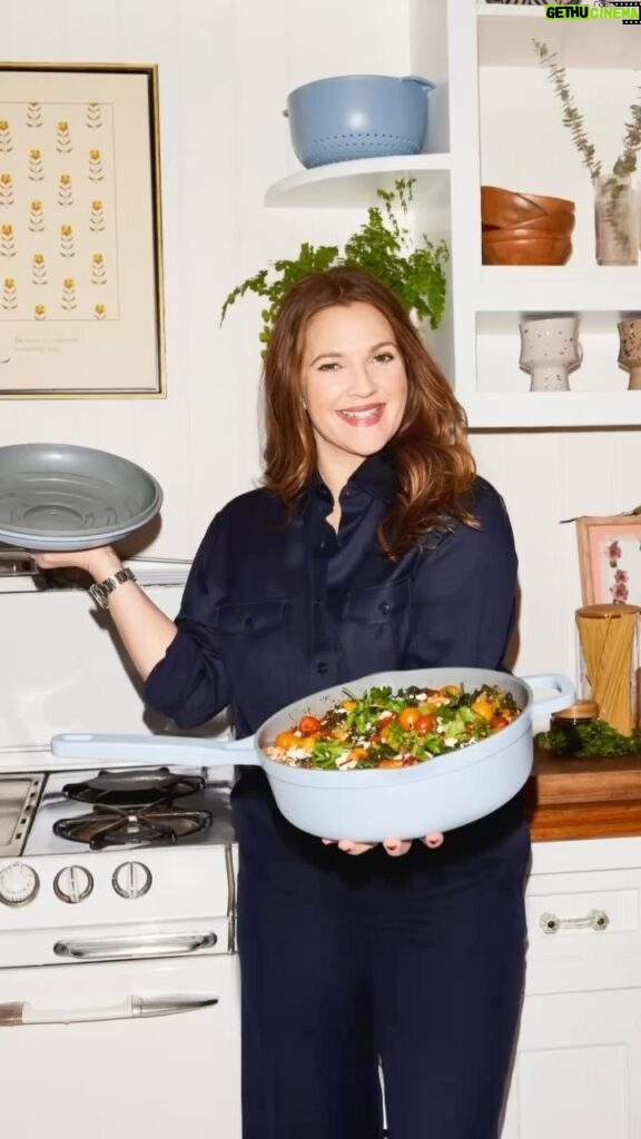 Drew Barrymore Instagram - The Hero Pan by @beautifulbydrew is here. The name says it all… it’s a true kitchen hero because it can do it all (well, almost everything). It has 10 functions! You can use it to Boil, Strain, Sauté, Simmer, Pan Fry, Sear, Braise, Steam, Stir Fry and Serve! It’s the perfect one pan solution for any kitchen and it’s non-stick ceramic but not heavy at all! I’m so happy it’s finally here! You can get it now online @walmart! The link to shop is in my bio!