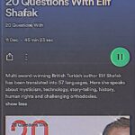 Elif Şafak Instagram - On literature, culture, diversity, democracy, our need for stories, the world we are living in, our times…. This was a treat for the mind. Do listen to this inspiring conversation with the wonderful @matthewstadlen on Spotify #booklover #booksarelove #theislandofmissingtrees #readingcommunity #writersaroundtheworld #ideasmatter #literaryfiction #creativeideas #wereadbannedbooks #thefortyrulesoflove #elifshafak #literaryfiction #bookishpost 📚📚📚 Edebiyat, sanat, demokrasi, dünyamızın halleri üzerine gazeteci Matthew Stadlen ile yaptığımız söyleşi, çok teşekkür ederim. Spotify üzerinden dinlemek mümkün