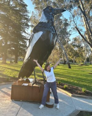 Ella Hooper Instagram - I got a bit excited about Euroa’s newest asset, this giant magpie - or should I say - the Big Magpie! As a touring musician we see all manner of tourist trap big things™️ and they are ohhhh so mostly woeful. Funky mouldy battered and bruised. Misshapen and oft not instantly recognisable as the thing they apparently are! (Peach, Guitar, Koala, I’m looking at you. Banana, Prawn, you’ll keep..) 
But LOOK at this glorious maggie! He/She is shining proud! Okay. That’s enough civic revelry for me for one day. Awesome gig last night by the way. Thank you for showing out my beautiful North East posse!!! It was such a pleasure to celebrate the Mill’s 150th bday w the awesome people at @northern_republic_euroa ❤️❤️❤️ FOOTNOTE: sculpture by local Nth East artist @tanksartgallery / Tank and Tobin sculpture, check ‘em out! Bravo fellas!!!