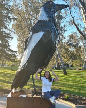 Ella Hooper Instagram - I got a bit excited about Euroa’s newest asset, this giant magpie - or should I say - the Big Magpie! As a touring musician we see all manner of tourist trap big things™️ and they are ohhhh so mostly woeful. Funky mouldy battered and bruised. Misshapen and oft not instantly recognisable as the thing they apparently are! (Peach, Guitar, Koala, I’m looking at you. Banana, Prawn, you’ll keep..) 
But LOOK at this glorious maggie! He/She is shining proud! Okay. That’s enough civic revelry for me for one day. Awesome gig last night by the way. Thank you for showing out my beautiful North East posse!!! It was such a pleasure to celebrate the Mill’s 150th bday w the awesome people at @northern_republic_euroa ❤️❤️❤️ FOOTNOTE: sculpture by local Nth East artist @tanksartgallery / Tank and Tobin sculpture, check ‘em out! Bravo fellas!!!