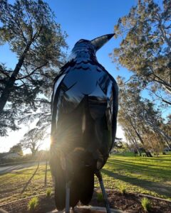 Ella Hooper Instagram - I got a bit excited about Euroa’s newest asset, this giant magpie - or should I say - the Big Magpie! As a touring musician we see all manner of tourist trap big things™️ and they are ohhhh so mostly woeful. Funky mouldy battered and bruised. Misshapen and oft not instantly recognisable as the thing they apparently are! (Peach, Guitar, Koala, I’m looking at you. Banana, Prawn, you’ll keep..) But LOOK at this glorious maggie! He/She is shining proud! Okay. That’s enough civic revelry for me for one day. Awesome gig last night by the way. Thank you for showing out my beautiful North East posse!!! It was such a pleasure to celebrate the Mill’s 150th bday w the awesome people at @northern_republic_euroa ❤️❤️❤️ FOOTNOTE: sculpture by local Nth East artist @tanksartgallery / Tank and Tobin sculpture, check ‘em out! Bravo fellas!!!
