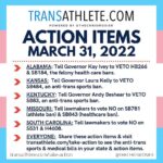 Elliot Page Instagram - Repost from @thechrismosier • Visibility alone is nothing. We need action. Here are 6 ways you can TAKE ACTION today on Trans Day of Visibility: IMPORTANT NOTES: 1. Anyone in any state can tell a governor to veto. Call national attention to the issue. 2. If you call, you will not speak directly to a governor (or even your lawmaker) - you’ll speak with an aide or leave a message. Say your name, where you’re from, the bill number & your position, & how you want them to vote. 3. Most governors do not use a public email address, opting instead for web forms. Similar to calling, be brief but add personal notes & use the same info as you would for calling. 4. If writing, you don’t need to do it every day - but you should do it TODAY. 🚨ALABAMA: Tell Governor Kay Ivey to VETO HB266 & SB184, the felony health care bans. 🚨KANSAS: Tell Governor Laura Kelly to VETO SB484, an anti-trans sports ban. 🚨KENTUCKY: Tell Governor Andy Beshear to VETO SB83, an anti-trans sports ban. 🚨MISSOURI: Tell lawmakers to vote NO on SB781 (athlete ban) & SB843 (healthcare ban). 🚨SOUTH CAROLINA: Tell lawmakers to vote NO on S531 & H4608. 🚨EVERYONE: 1. Share these action items 2. Visit transathlete.com/take-action to see the anti-trans sports & medical bills in your state & action items. 3. Donate to trans-led organizations like @transtexas @tko_alabama @intransitive.ar (link in my bio) Please celebrate #tdov by taking action today. #transweek #transdayofvisibility #twova #transathlete #letkidsplay #protecttranskids