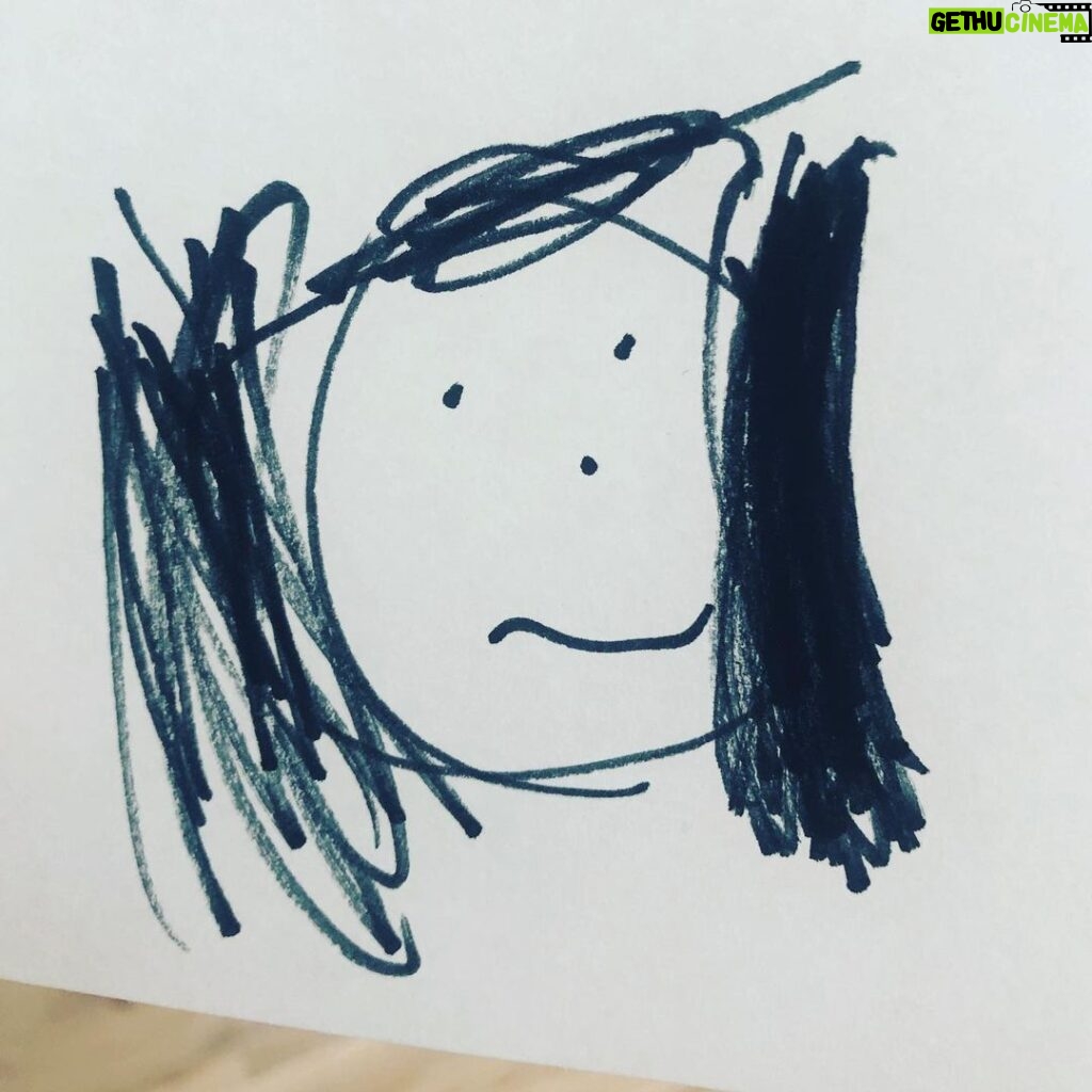 Emily Baldoni Instagram - When your daughter draws a portrait of you and it looks like this, you go and chop your hair off and try to smile. Maiya and I named this piece “#2020 mood”. Also #VOTE VOTE VOTE TODAY!!!