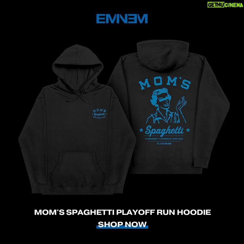 Eminem Instagram - “Go get your crew to hype you up, stand behind you like, “Woo” - Ltd edition #MomsSpaghetti Playoff Run hoodie now available just in time for game day 🍝  shop.eminem.com