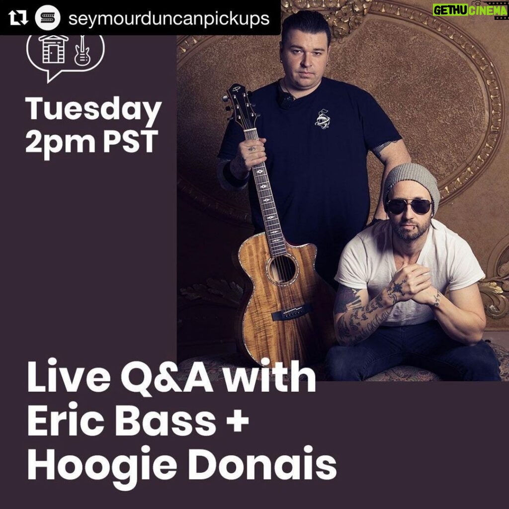 Eric Bass Instagram - Check this out.......... 🙌🏻 Tune in TOMORROW at 2 PM PST for our LIVE Q&A with songwriter, producer, and the bassist in @shinedown, @ebassprod, and his bass tech and co-creator of @markandhoogie, @hoogieontheroad! We'll be talking music, bass, guitar, tone, pickups, pedals, amps, technique... the works! We'll also be discussing Eric and Hoogie's experiences on the road with Shinedown, Eric's signature bass from @prestigeguitars, tech tips, tone tips, and more! 🔥🎸⠀ ⠀ And, Eric and Hoogie will be answering viewer questions in real-time. Tag a friend who would dig this Q&A, and drop by tomorrow at 2 PM PST to hang out with us!⠀ ⠀ #ericbass #hoogiedonais #shinedown #prestigeguitars #markandhoogie #bass #bassguitar #bassist #bassplayer #bassplayersunited #basslife #basslove #music #musician #knowyourtone #seymourduncan