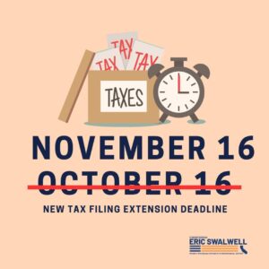 Eric Swalwell Instagram - UPDATE: The federal tax-extension deadline was extended AGAIN to November 16, 2023. To avoid a possible late filing penalty, remember to submit your IRS form 1040 by November 16, 2023. For more information check out: https://www.irs.gov/newsroom/for-california-storm-victims-irs-postpones-tax-filing-and-tax-payment-deadline-to-nov-16 or call my office at 510-370-3322.
