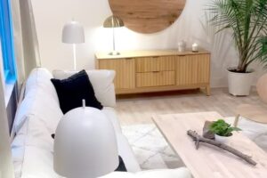 Evan Thomas Instagram - So scandi! Hope you all liked last night’s episode! It was a doozy of a house…most framing we’ve ever had to do on a reno. But man did it turn out gorgeous! Honestly one of my favorites yet…maybe my number one. 

What do you guys think? How did the Scandi vibe turn out?? Keep swiping to get a video walk through right before the open house! Special thanks to @floyddetroit for the beautiful sofa and bed!

Tile: @virginiatilecompany 
Flooring: @floorcoverings_metroeastdtw 
Countertops: @greatlakesgm 
Furniture: @floyddetroit
Kitchen sink: @strictly.sinks