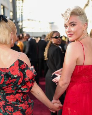 Florence Pugh Instagram - The night was full of gorgeous smiles, delicious friends and unbelievable talent. Ended up presenting the Best Animated Feature Film award with Natalie Portman and the fantastic  #theboyandtheheron ended up winning! Such a wonderful moment. Congratulations to all those nominated and all those who went home with an award. Such an achievement either way. 
Thank you for accompanying me to my first globes baby @zoelisterjones, was a treat to have you on my arm. 

Huge thanks to my ever so talented glam- 
@babskymakeup 
@hairbyadir 
@colorbymattrez 
@nailglam 
@rebeccacorbinmurray 

@maisonvalentino & @tiffanyandco 💋