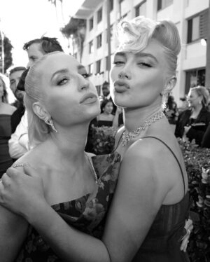Florence Pugh Instagram - The night was full of gorgeous smiles, delicious friends and unbelievable talent. Ended up presenting the Best Animated Feature Film award with Natalie Portman and the fantastic  #theboyandtheheron ended up winning! Such a wonderful moment. Congratulations to all those nominated and all those who went home with an award. Such an achievement either way. 
Thank you for accompanying me to my first globes baby @zoelisterjones, was a treat to have you on my arm. 

Huge thanks to my ever so talented glam- 
@babskymakeup 
@hairbyadir 
@colorbymattrez 
@nailglam 
@rebeccacorbinmurray 

@maisonvalentino & @tiffanyandco 💋