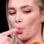 Florence Pugh Instagram - I was on Hot Ones for @agoodpersonmov!! I’ve been dying to do this for ages, it was everything I thought it was going to be except Da’Bomb was rancid and landed in my stomach like an atomic thud. Have a watch! Link in my stories and Bio. Thank you @hotones and @seanseaevans, I had cramps all day. Have you made the jacket potato or the omelette yet Sean?! #hotones #agoodperson