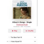 Florence Pugh Instagram - I’m so unbelievably stoked that people continue to listen to @agoodpersonmov playlist. Thank you for sharing all of your thoughts and love. Love most importantly. I can’t tell you how whack it is to see my name on both Apple Music and Spotify. It’s CRAZY. Something I’ve really wanted to do for such a long time and I’m so lucky and eternally grateful to have had the opportunity to write them for our movie. I then recorded them nearly half a year later with the incredible Tony Burg, he invited in stupidly talented musicians who played on my tracks and I got to watch as my songs became more than I ever imagined- thank you to everyone who helped us get them done and dusted and out now to the world! Keep listening! Thank you thank you thank you!