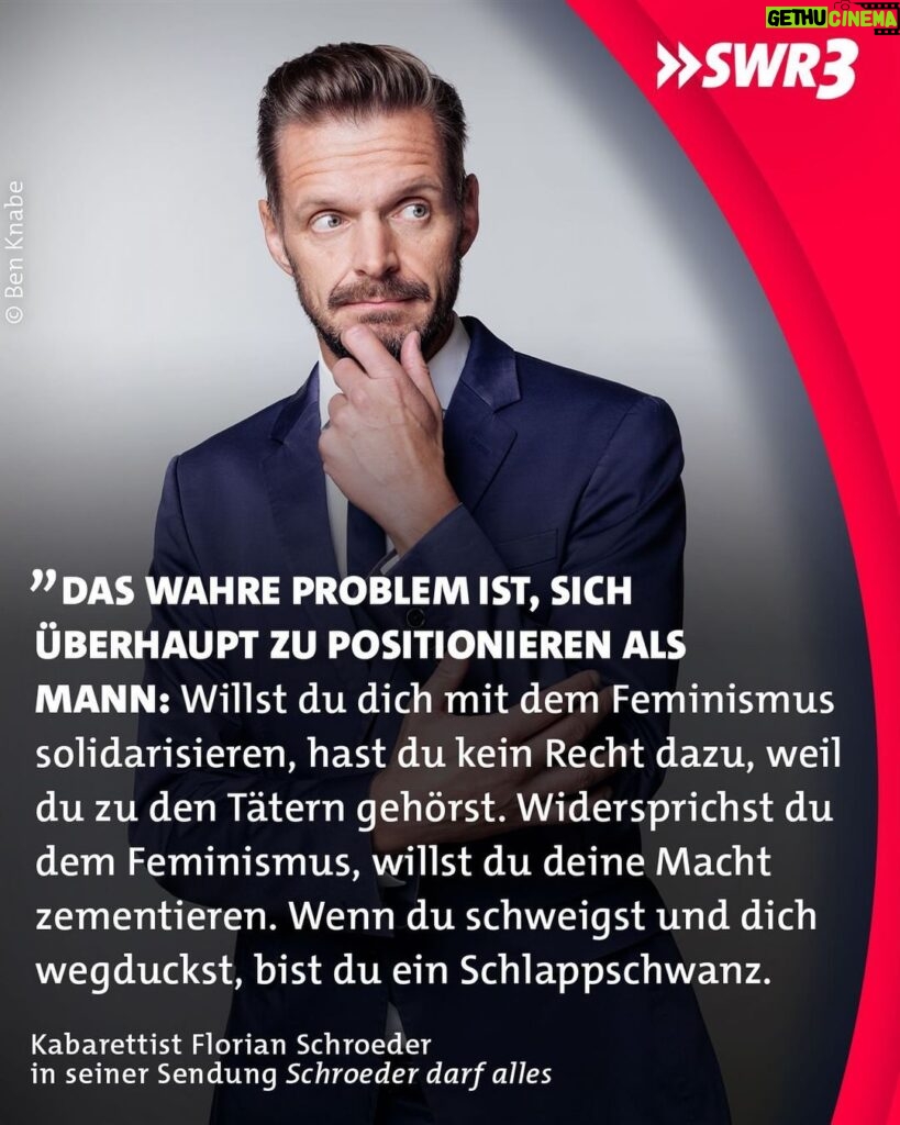 Florian Schroeder Instagram - Kann man es als Mann eigentlich recht machen? 🙈 In der ersten Folge seiner neuen Sendung „Schroeder darf alles“ geht Florian Schroeder Fragen auf die Spur wie: Sind Männer wirklich so schlimm? Oder tun wir ihnen Unrecht? Jetzt in der ARD Mediathek anschauen! . . . #FlorianSchroeder #SchroederDarfAlles #ARDMediathek #ToxischeMännlichkeit #Männlich