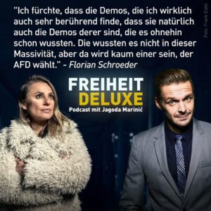 Florian Schroeder Instagram - FREIHEIT DELUXE mit @schroeder_live . Florian ist vielseitig, sein mediales Ich eine kluge Komposition seiner vielseitigen Talente. Seine Expertise sehr gefragt, in seinem neuen Buch „Unter Wahnsinnigen“ geht er an die Ränder unserer Gesellschaft: geistig, psychisch, emotional und politisch. Mehrere Jahre beobachtet er Protagonisten der Neuem Rechten und erklärt sehr deutlich wie sie denken, reden und wohin sie diese Gesellschaft bringen wollen. In meinem podcast reden wir aber nicht nur von den Rändern, sondern auch von seinem Inneren: „Wir sind Kinder sprachloser Väter“ sagt er, ein Satz, der fast Titel der Folge wurde. Bevor ich zu den Neuen Rechten komme, über die er viele präzise Beobachtungen macht, reden wir über Männer und Frauen, über das, was uns gerade im Weg steht, ein echtes Gespräch miteinander zu führen. Freitag Nacht online