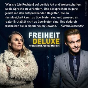 Florian Schroeder Instagram - FREIHEIT DELUXE mit @schroeder_live . Florian ist vielseitig, sein mediales Ich eine kluge Komposition seiner vielseitigen Talente. Seine Expertise sehr gefragt, in seinem neuen Buch „Unter Wahnsinnigen“ geht er an die Ränder unserer Gesellschaft: geistig, psychisch, emotional und politisch. Mehrere Jahre beobachtet er Protagonisten der Neuem Rechten und erklärt sehr deutlich wie sie denken, reden und wohin sie diese Gesellschaft bringen wollen. In meinem podcast reden wir aber nicht nur von den Rändern, sondern auch von seinem Inneren: „Wir sind Kinder sprachloser Väter“ sagt er, ein Satz, der fast Titel der Folge wurde. Bevor ich zu den Neuen Rechten komme, über die er viele präzise Beobachtungen macht, reden wir über Männer und Frauen, über das, was uns gerade im Weg steht, ein echtes Gespräch miteinander zu führen. Freitag Nacht online