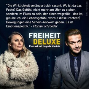 Florian Schroeder Instagram - FREIHEIT DELUXE mit @schroeder_live . Florian ist vielseitig, sein mediales Ich eine kluge Komposition seiner vielseitigen Talente. Seine Expertise sehr gefragt, in seinem neuen Buch „Unter Wahnsinnigen“ geht er an die Ränder unserer Gesellschaft: geistig, psychisch, emotional und politisch. Mehrere Jahre beobachtet er Protagonisten der Neuem Rechten und erklärt sehr deutlich wie sie denken, reden und wohin sie diese Gesellschaft bringen wollen. In meinem podcast reden wir aber nicht nur von den Rändern, sondern auch von seinem Inneren: „Wir sind Kinder sprachloser Väter“ sagt er, ein Satz, der fast Titel der Folge wurde. Bevor ich zu den Neuen Rechten komme, über die er viele präzise Beobachtungen macht, reden wir über Männer und Frauen, über das, was uns gerade im Weg steht, ein echtes Gespräch miteinander zu führen. Freitag Nacht online