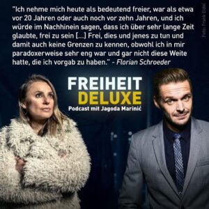 Florian Schroeder Instagram - FREIHEIT DELUXE mit @schroeder_live . Florian ist vielseitig, sein mediales Ich eine kluge Komposition seiner vielseitigen Talente. Seine Expertise sehr gefragt, in seinem neuen Buch „Unter Wahnsinnigen“ geht er an die Ränder unserer Gesellschaft: geistig, psychisch, emotional und politisch. Mehrere Jahre beobachtet er Protagonisten der Neuem Rechten und erklärt sehr deutlich wie sie denken, reden und wohin sie diese Gesellschaft bringen wollen. In meinem podcast reden wir aber nicht nur von den Rändern, sondern auch von seinem Inneren: „Wir sind Kinder sprachloser Väter“ sagt er, ein Satz, der fast Titel der Folge wurde. Bevor ich zu den Neuen Rechten komme, über die er viele präzise Beobachtungen macht, reden wir über Männer und Frauen, über das, was uns gerade im Weg steht, ein echtes Gespräch miteinander zu führen. Freitag Nacht online