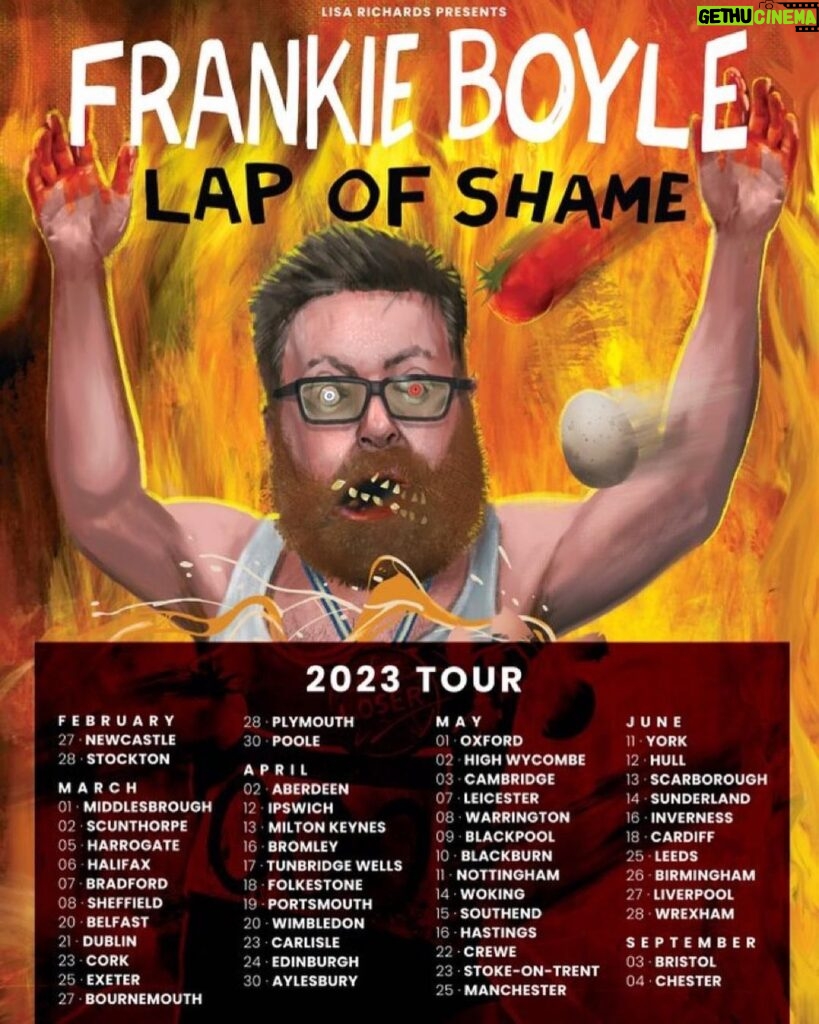 Frankie Boyle Instagram - On tour next year. Extra dates have already been added to some of these places. New World Order is on iPlayer if you fancy a bit of that. Have an excellent weekend my friends, represent out there.