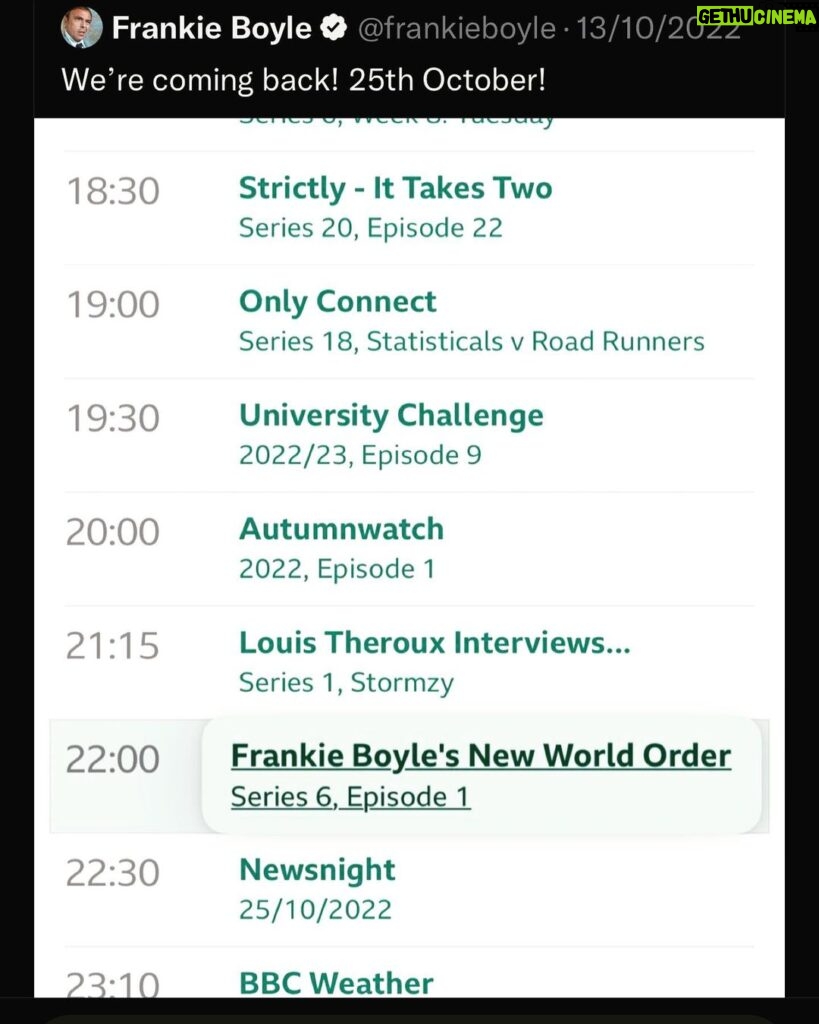 Frankie Boyle Instagram - New World Order comes back Tuesday night. After a Louis Theroux documentary about Stormzy. Pretty much what you’d hope for really.