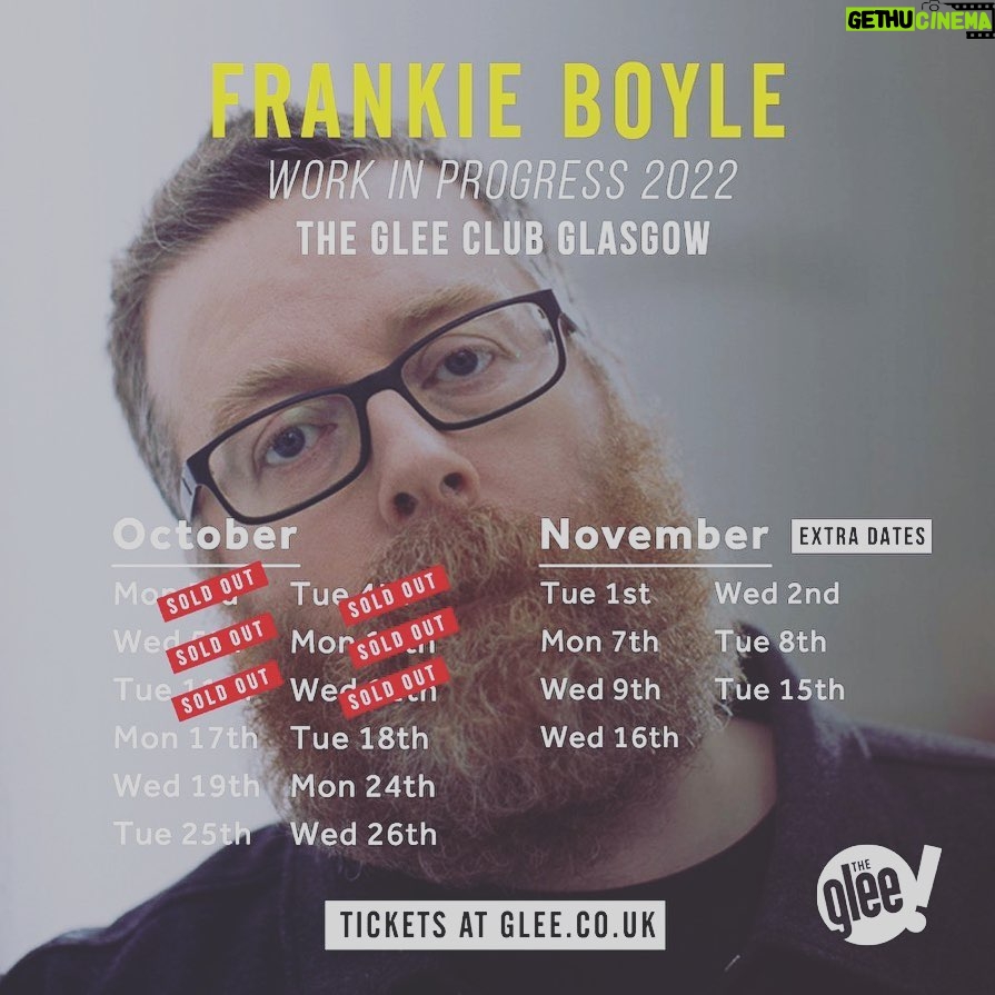 Frankie Boyle Instagram - Added new dates at the Glee. Link in bio. New jokes + support + shenanigans
