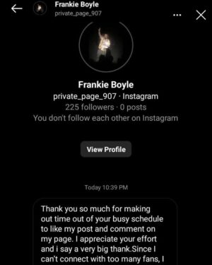 Frankie Boyle Instagram - Obviously, this isn’t me. If you pushed me, I’d say it’s someone whose endgame involves emptying a bin bag of your body parts outside a Welcome Break on the M4 in the dead of night.