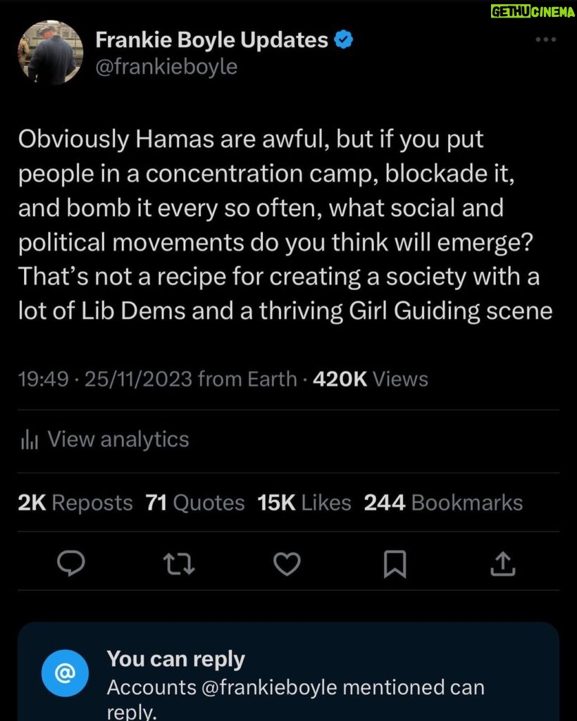 Frankie Boyle Instagram - Let’s all remember that the phrase humanitarian pause is bullshit and anyone not calling for a ceasefire is engaged in a staggering act of nihilism.