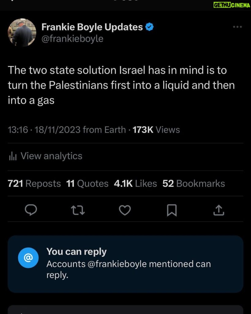 Frankie Boyle Instagram - Whatever kind of voice or platform you have please use it to call for a ceasefire, and a settlement that will end the illegal blockade and occupation of Gaza.