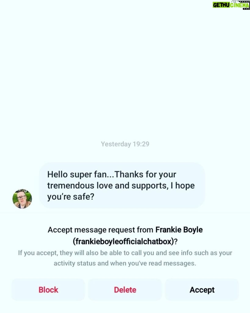 Frankie Boyle Instagram - Not sure there can be a more sinister sign off. Not me, but one of many imposters whose plans for you are no doubt fairly bleak. Stay safe superfans.