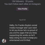 Frankie Boyle Instagram - I mean this isn’t my social media manager; in fact it’s probably a sexually motivated hostage taker; but the sentiments are uncannily accurate. Special shout-out to Instagram for never doing anything about this kind of stuff, even when it’s reported. Have a great July everyone. I’m proud of you!