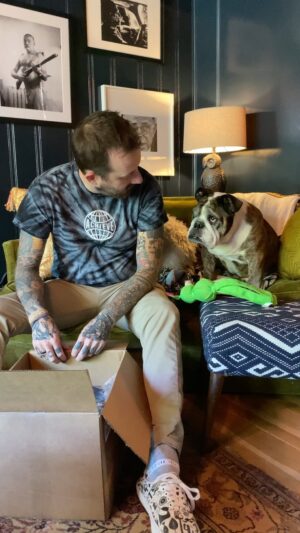 Geoff Ramsey Instagram - Received  another box of new merch from @theroosterteethstore. Henry the bulldog provided security. Available at roosterteeth.com