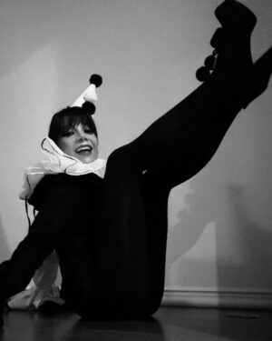 Ginger Gonzaga Instagram - Clown IRL and for Halloween. Every pic is me just trying to show that my shoes also have Pom Pom puffs on them, and my hat is still dripping Elmer’s glue. Happy Halloween!🤍🖤

Nails x @p_and_p_atl 

#happyhalloween #halloween #clown #perriotclown #leclown #tights #crafts #blackandwhite