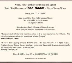 Greg Sestero Instagram - It all started with this invitation to a premiere in Los Angeles. A movie with “passion of Tennessee Williams” 🏈  We are celebrating The Room this month with live nationwide screenings + launching a new Alien movie #ForbiddenSky click link in bio 🥄 swipe for more ▶️ #theroom #ufo #roswell